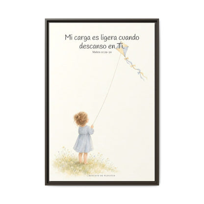 Mi carga es ligera cuando descanso en Ti — Lienzo Cristiano Enmarcado | Mateo 11:29-30 — 24×36 pulgadas, marco espresso, vista frontal
