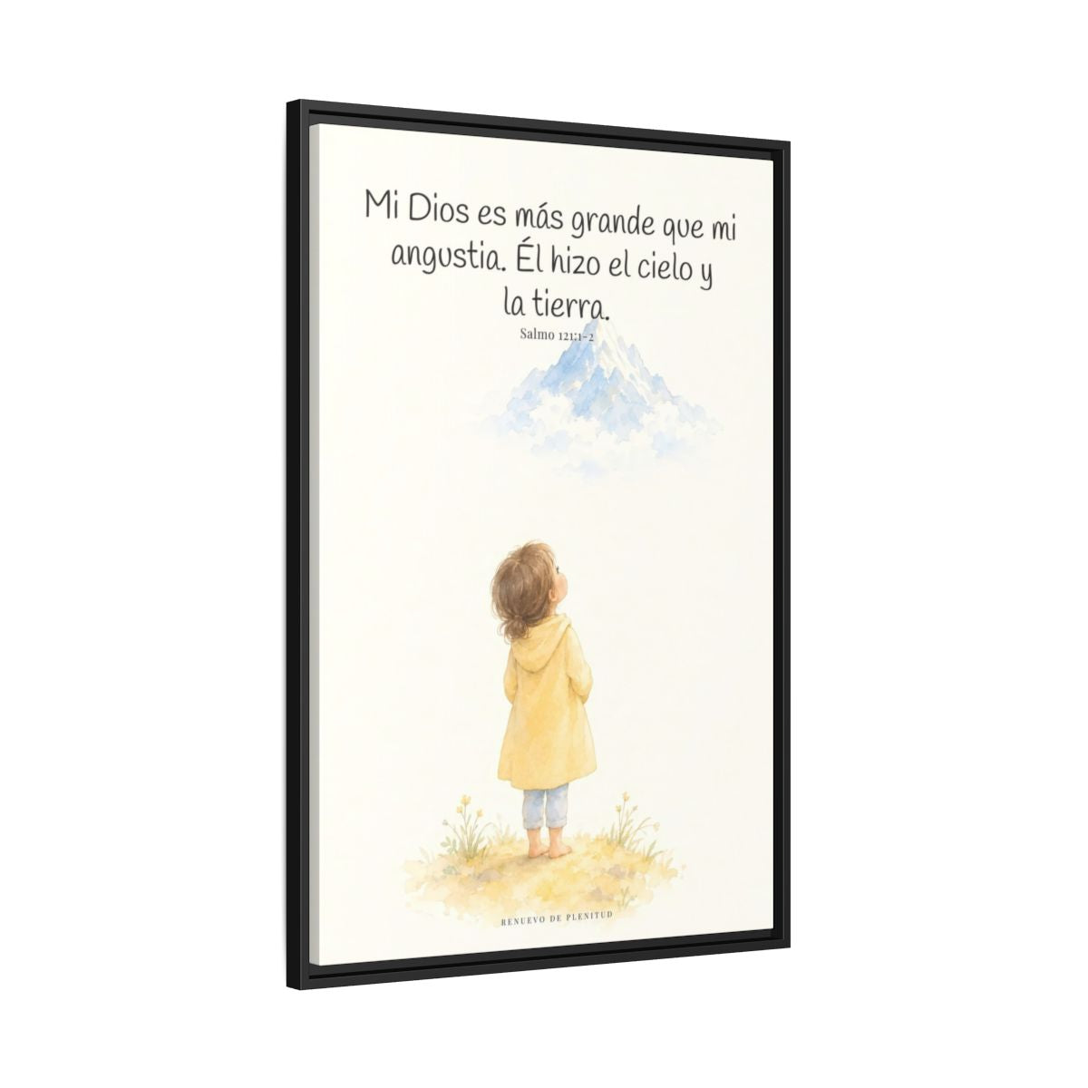 Mi Dios es más grande que mi angustia — Lienzo Cristiano Enmarcado | Salmo 121:1-2 — 24×36 pulgadas, marco negro, vista lateral del marco flotante