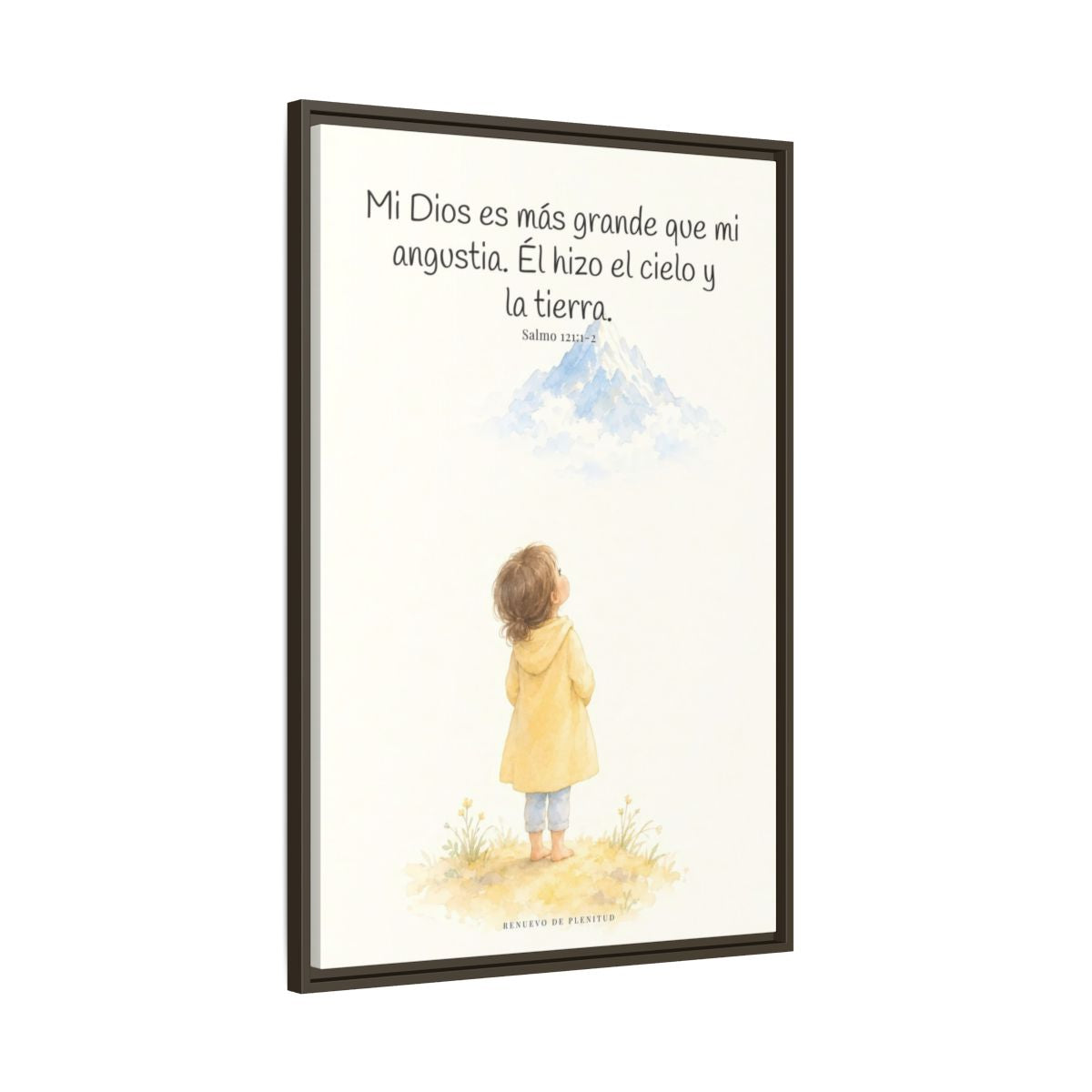 Mi Dios es más grande que mi angustia — Lienzo Cristiano Enmarcado | Salmo 121:1-2 — 24×36 pulgadas, marco espresso, vista lateral del marco flotante