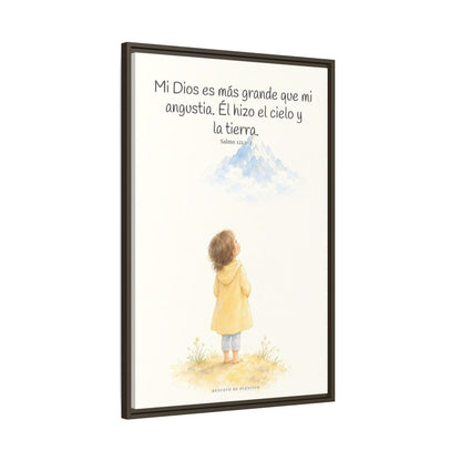 Mi Dios es más grande que mi angustia — Lienzo Cristiano Enmarcado | Salmo 121:1-2 — 24×36 pulgadas, marco espresso, vista lateral del marco flotante