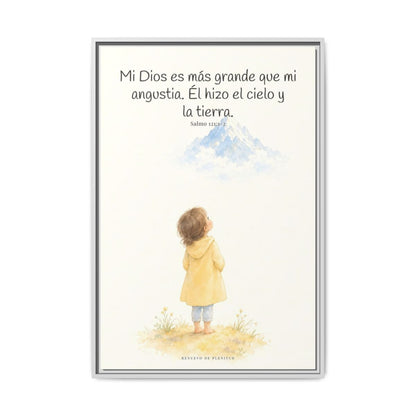 Mi Dios es más grande que mi angustia — Lienzo Cristiano Enmarcado | Salmo 121:1-2 — 24×36 pulgadas, marco blanco, vista frontal