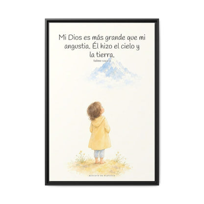 Mi Dios es más grande que mi angustia — Lienzo Cristiano Enmarcado | Salmo 121:1-2 — 24×36 pulgadas, marco negro, vista frontal