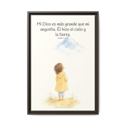 Mi Dios es más grande que mi angustia — Lienzo Cristiano Enmarcado | Salmo 121:1-2 — 16×24 pulgadas, marco espresso, vista frontal