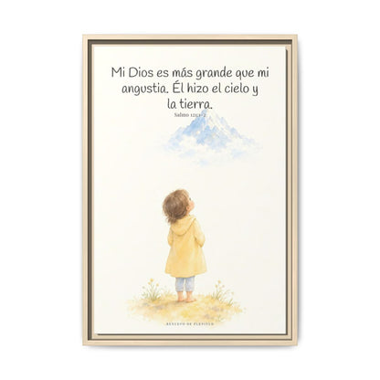 Mi Dios es más grande que mi angustia — Lienzo Cristiano Enmarcado | Salmo 121:1-2 — 16×24 pulgadas, marco natural, vista frontal