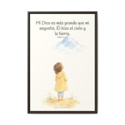 Mi Dios es más grande que mi angustia — Lienzo Cristiano Enmarcado | Salmo 121:1-2 — 24×36 pulgadas, marco espresso, vista frontal