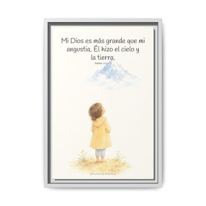 Mi Dios es más grande que mi angustia — Lienzo Cristiano Enmarcado | Salmo 121:1-2 — 12×18 pulgadas, marco blanco, vista frontal