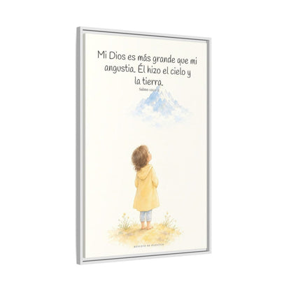 Mi Dios es más grande que mi angustia — Lienzo Cristiano Enmarcado | Salmo 121:1-2 — 24×36 pulgadas, marco blanco, vista lateral del marco flotante