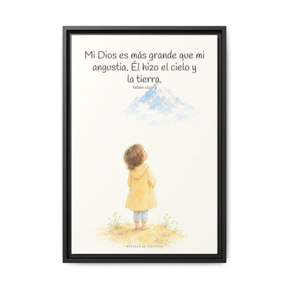Mi Dios es más grande que mi angustia — Lienzo Cristiano Enmarcado | Salmo 121:1-2 — 16×24 pulgadas, marco negro, vista frontal