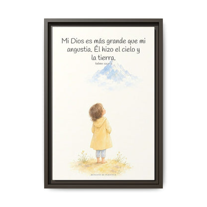 Mi Dios es más grande que mi angustia — Lienzo Cristiano Enmarcado | Salmo 121:1-2 — 12×18 pulgadas, marco espresso, vista frontal