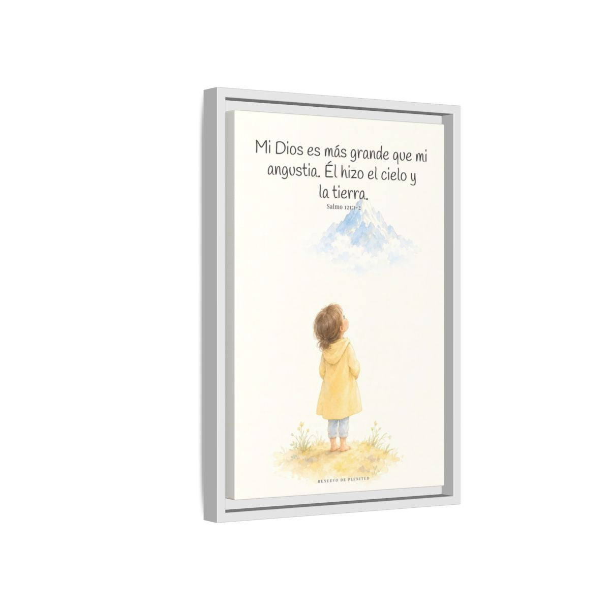 Mi Dios es más grande que mi angustia — Lienzo Cristiano Enmarcado | Salmo 121:1-2 — 12×18 pulgadas, marco blanco, vista lateral del marco flotante