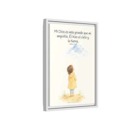 Mi Dios es más grande que mi angustia — Lienzo Cristiano Enmarcado | Salmo 121:1-2 — 12×18 pulgadas, marco blanco, vista lateral del marco flotante