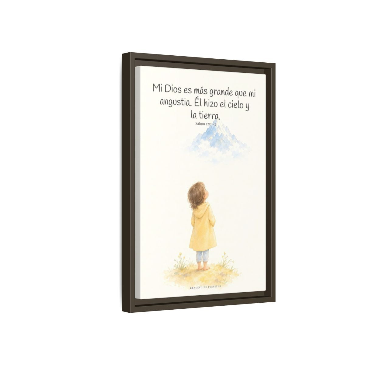 Mi Dios es más grande que mi angustia — Lienzo Cristiano Enmarcado | Salmo 121:1-2 — 12×18 pulgadas, marco espresso, vista lateral del marco flotante