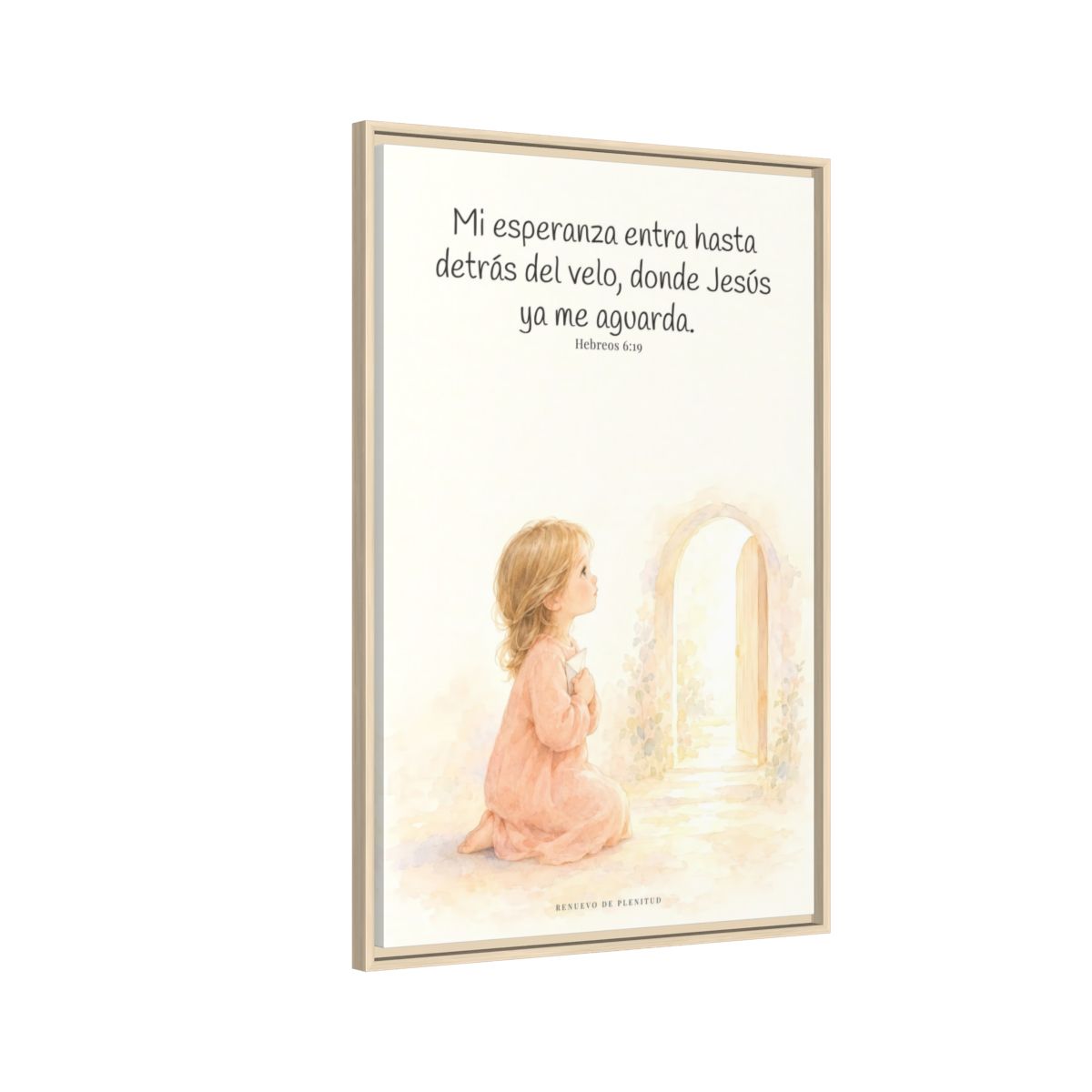 Mi esperanza entra hasta detrás del velo — Lienzo Cristiano Enmarcado | Hebreos 6:19 — 24×36 pulgadas, marco natural, vista lateral del marco flotante