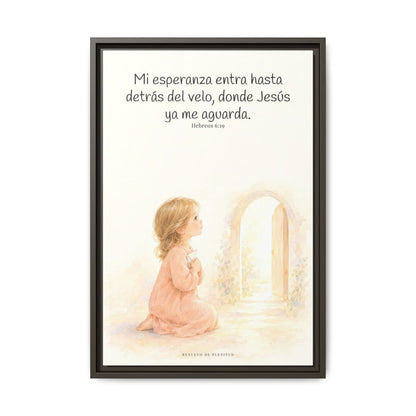 Mi esperanza entra hasta detrás del velo — Lienzo Cristiano Enmarcado | Hebreos 6:19 — 16×24 pulgadas, marco espresso, vista frontal
