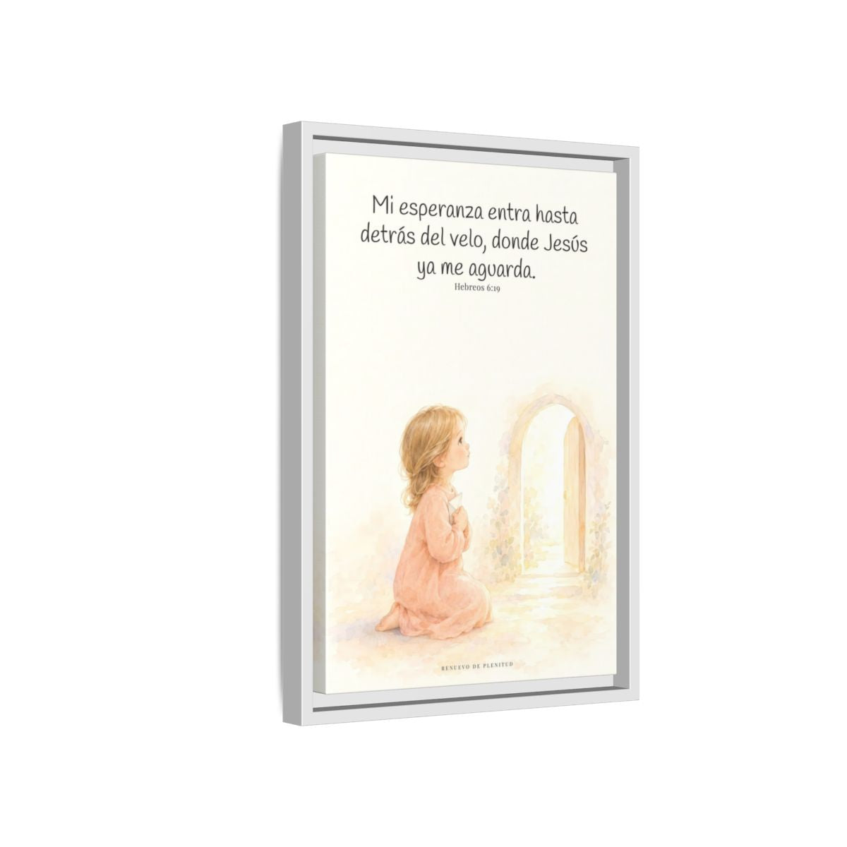 Mi esperanza entra hasta detrás del velo — Lienzo Cristiano Enmarcado | Hebreos 6:19 — 12×18 pulgadas, marco blanco, vista lateral del marco flotante