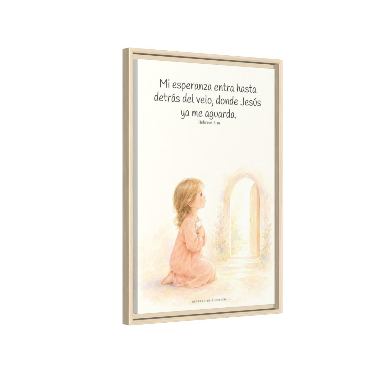 Mi esperanza entra hasta detrás del velo — Lienzo Cristiano Enmarcado | Hebreos 6:19 — 16×24 pulgadas, marco natural, vista lateral del marco flotante