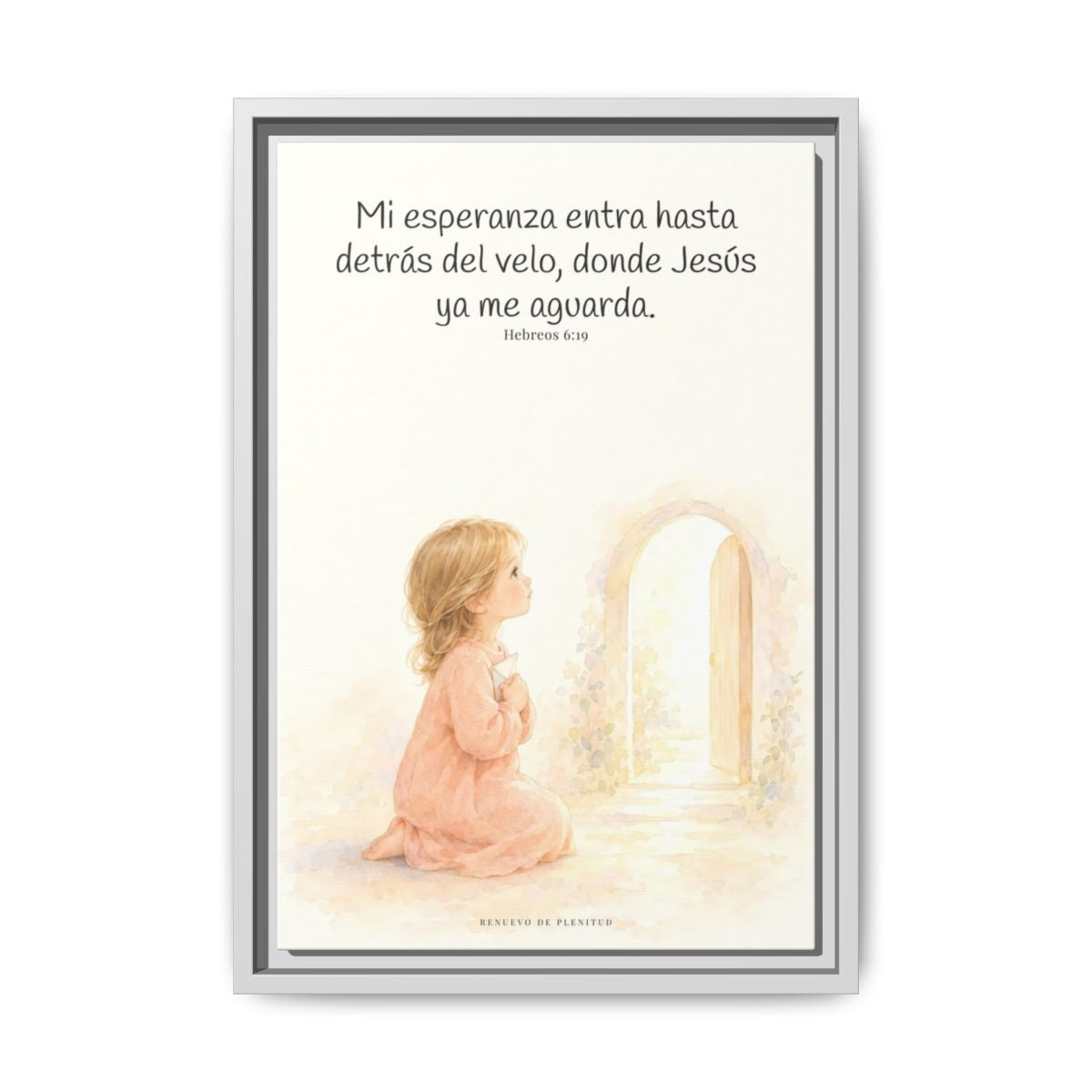 Mi esperanza entra hasta detrás del velo — Lienzo Cristiano Enmarcado | Hebreos 6:19 — 12×18 pulgadas, marco blanco, vista frontal
