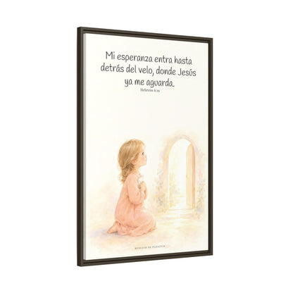 Mi esperanza entra hasta detrás del velo — Lienzo Cristiano Enmarcado | Hebreos 6:19 — 24×36 pulgadas, marco espresso, vista lateral del marco flotante