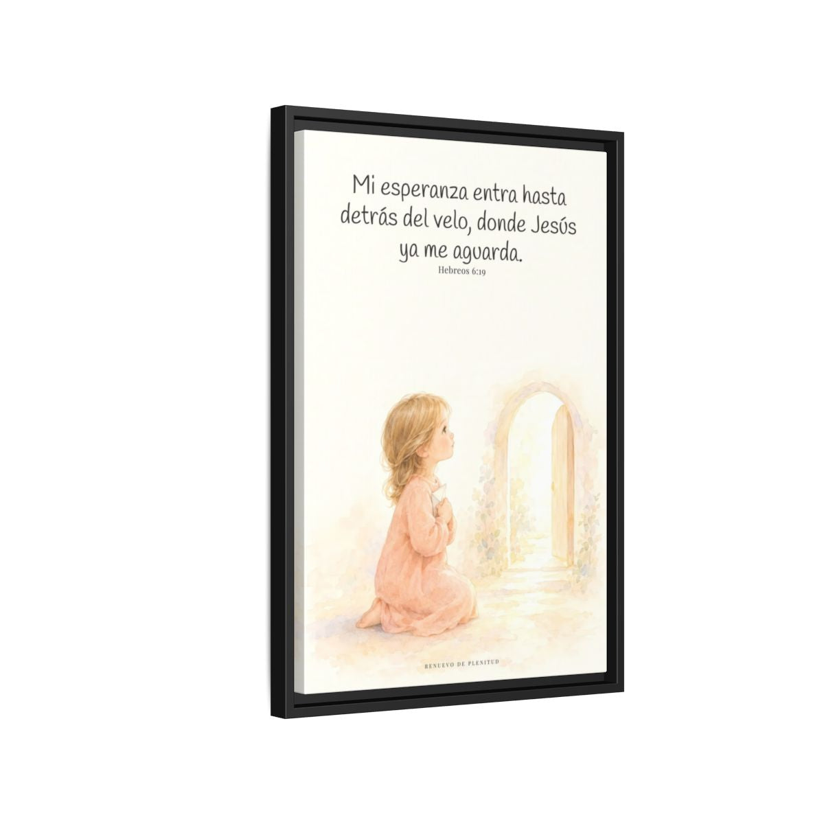 Mi esperanza entra hasta detrás del velo — Lienzo Cristiano Enmarcado | Hebreos 6:19 — 16×24 pulgadas, marco negro, vista lateral del marco flotante
