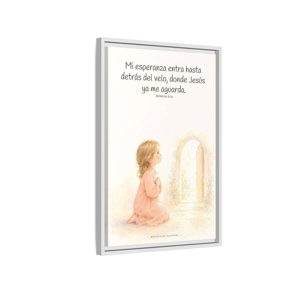 Mi esperanza entra hasta detrás del velo — Lienzo Cristiano Enmarcado | Hebreos 6:19 — 16×24 pulgadas, marco blanco, vista lateral del marco flotante