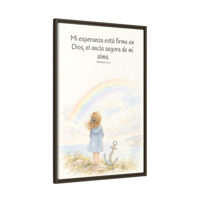 Mi esperanza está firme en Dios — Lienzo Cristiano Enmarcado | Hebreos 6:19 — 24×36 pulgadas, marco espresso, vista lateral del marco flotante