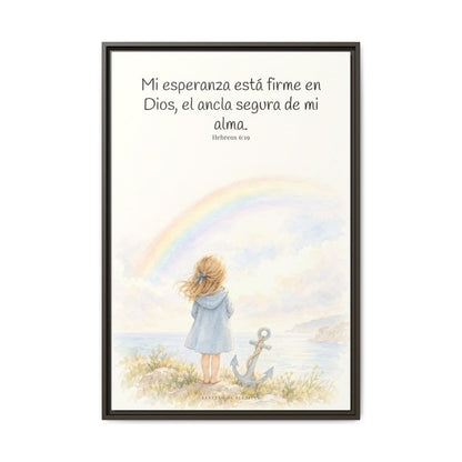 Mi esperanza está firme en Dios — Lienzo Cristiano Enmarcado | Hebreos 6:19 — 24×36 pulgadas, marco espresso, vista frontal