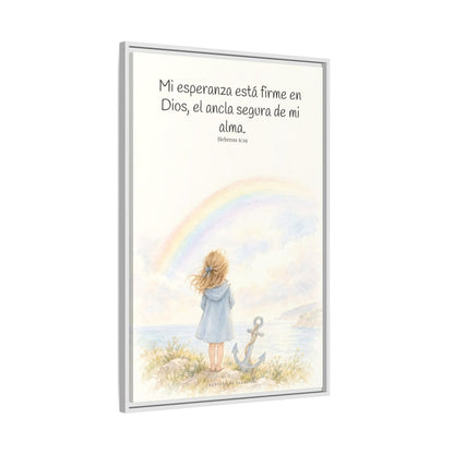 Mi esperanza está firme en Dios — Lienzo Cristiano Enmarcado | Hebreos 6:19 — 24×36 pulgadas, marco blanco, vista lateral del marco flotante