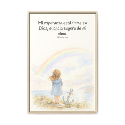 Mi esperanza está firme en Dios — Lienzo Cristiano Enmarcado | Hebreos 6:19 — 24×36 pulgadas, marco natural, vista frontal