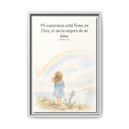 Mi esperanza está firme en Dios — Lienzo Cristiano Enmarcado | Hebreos 6:19 — 12×18 pulgadas, marco blanco, vista frontal