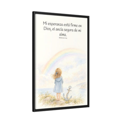 Mi esperanza está firme en Dios — Lienzo Cristiano Enmarcado | Hebreos 6:19 — 24×36 pulgadas, marco negro, vista lateral del marco flotante