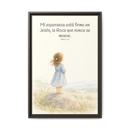 Mi esperanza está firme en Jesús — Lienzo Cristiano Enmarcado | Mateo 7:24 — 16×24 pulgadas, marco espresso, vista frontal