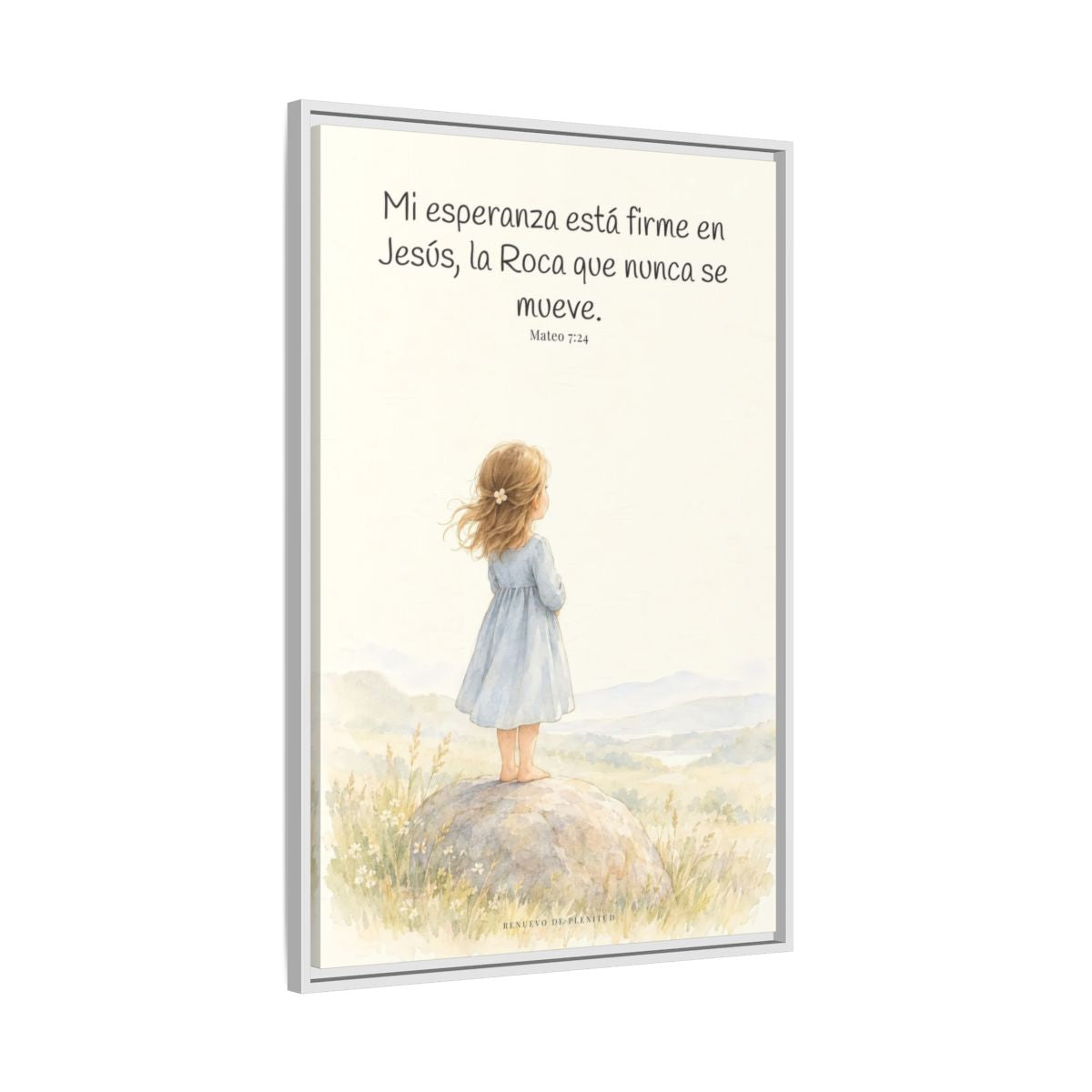 Mi esperanza está firme en Jesús — Lienzo Cristiano Enmarcado | Mateo 7:24 — 24×36 pulgadas, marco blanco, vista lateral del marco flotante