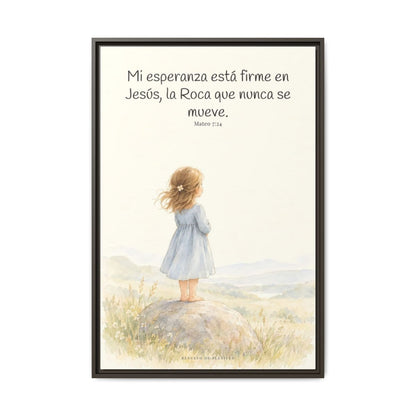 Mi esperanza está firme en Jesús — Lienzo Cristiano Enmarcado | Mateo 7:24 — 24×36 pulgadas, marco espresso, vista frontal