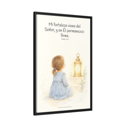 Mi fortaleza viene del Señor — Lienzo Cristiano Enmarcado | Isaías 41:10 — 24×36 pulgadas, marco negro, vista lateral del marco flotante