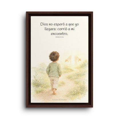 Mi Padre corrió a mi encuentro | Lienzo de fe para el hogar | Lucas 15:24 — 12×18 pulgadas, marco espresso, vista frontal