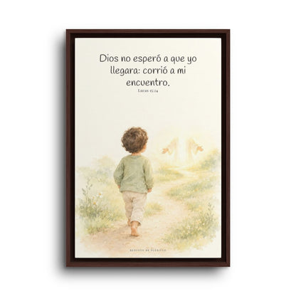 Mi Padre corrió a mi encuentro | Lienzo de fe para el hogar | Lucas 15:24 — 16×24 pulgadas, marco espresso, vista frontal
