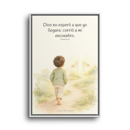 Mi Padre corrió a mi encuentro | Lienzo de fe para el hogar | Lucas 15:24 — 24×36 pulgadas, marco blanco, vista frontal