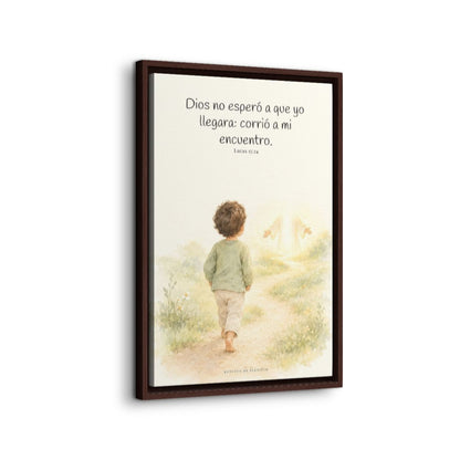 Mi Padre corrió a mi encuentro | Lienzo de fe para el hogar | Lucas 15:24 — 16×24 pulgadas, marco espresso, vista lateral del marco flotante