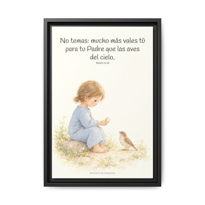 Mucho más valéis vosotros que las aves — Lienzo Cristiano Enmarcado | Mateo 6:26 — 12×18 pulgadas, marco negro, vista frontal
