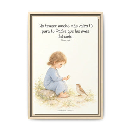 Mucho más valéis vosotros que las aves — Lienzo Cristiano Enmarcado | Mateo 6:26 — 12×18 pulgadas, marco natural, vista frontal