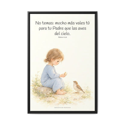 Mucho más valéis vosotros que las aves — Lienzo Cristiano Enmarcado | Mateo 6:26 — 24×36 pulgadas, marco negro, vista frontal