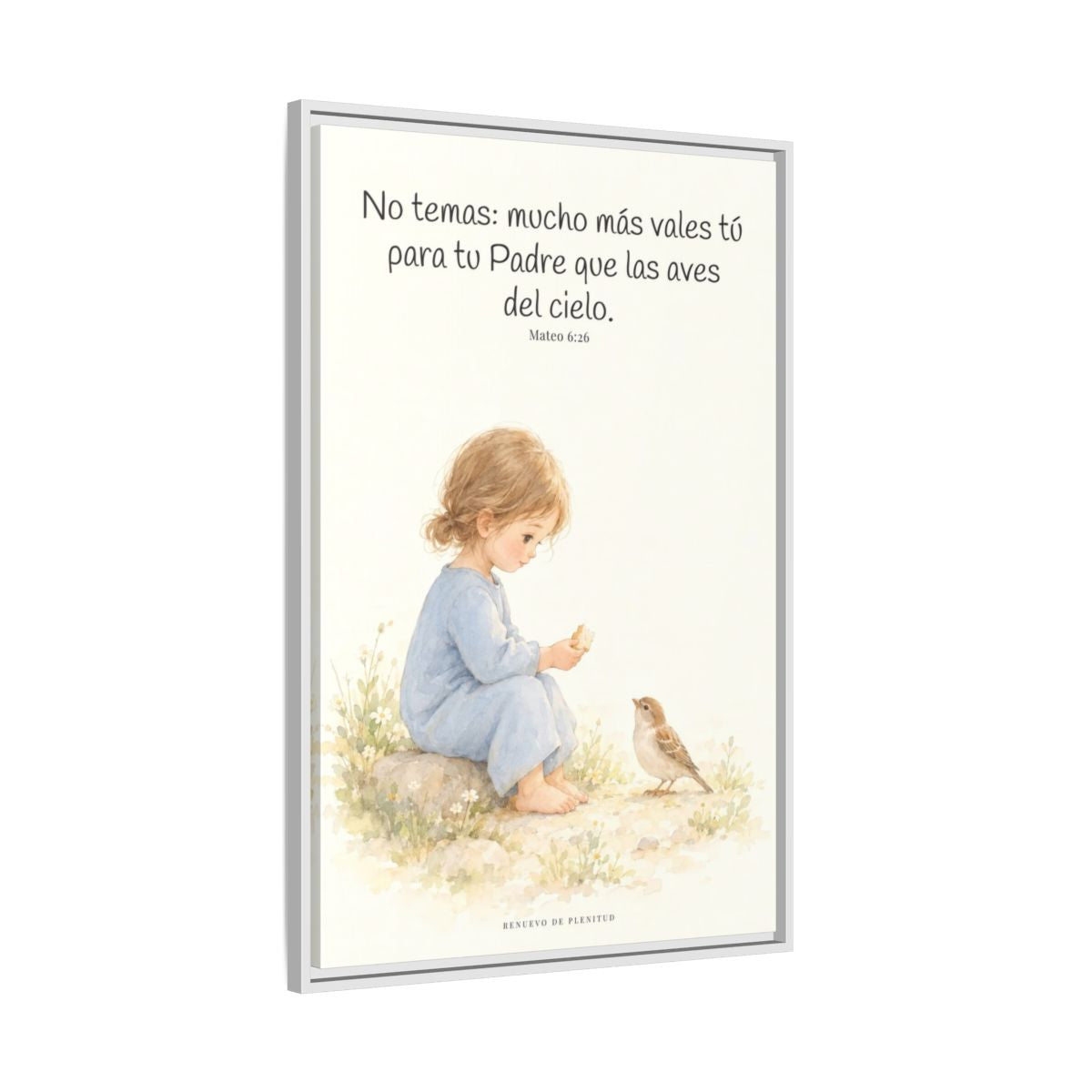 Mucho más valéis vosotros que las aves — Lienzo Cristiano Enmarcado | Mateo 6:26 — 24×36 pulgadas, marco blanco, vista lateral del marco flotante