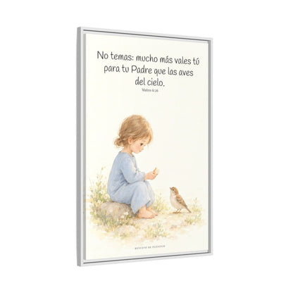 Mucho más valéis vosotros que las aves — Lienzo Cristiano Enmarcado | Mateo 6:26 — 24×36 pulgadas, marco blanco, vista lateral del marco flotante