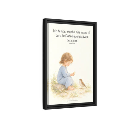 Mucho más valéis vosotros que las aves — Lienzo Cristiano Enmarcado | Mateo 6:26 — 12×18 pulgadas, marco negro, vista lateral del marco flotante