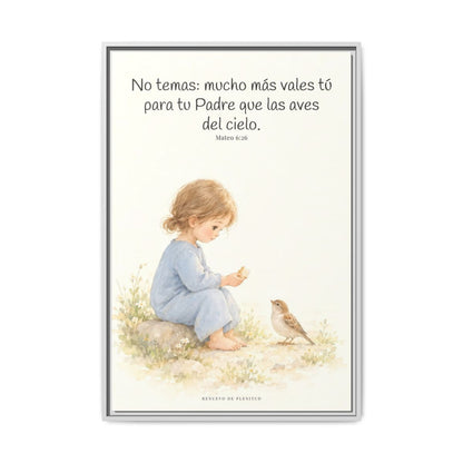 Mucho más valéis vosotros que las aves — Lienzo Cristiano Enmarcado | Mateo 6:26 — 24×36 pulgadas, marco blanco, vista frontal