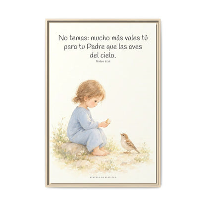 Mucho más valéis vosotros que las aves — Lienzo Cristiano Enmarcado | Mateo 6:26 — 24×36 pulgadas, marco natural, vista frontal
