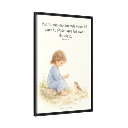 Mucho más valéis vosotros que las aves — Lienzo Cristiano Enmarcado | Mateo 6:26 — 24×36 pulgadas, marco negro, vista lateral del marco flotante