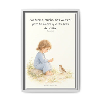 Mucho más valéis vosotros que las aves — Lienzo Cristiano Enmarcado | Mateo 6:26 — 12×18 pulgadas, marco blanco, vista frontal