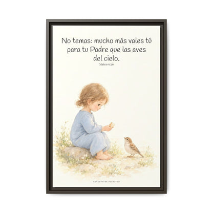 Mucho más valéis vosotros que las aves — Lienzo Cristiano Enmarcado | Mateo 6:26 — 16×24 pulgadas, marco espresso, vista frontal