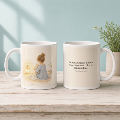 Dios hace nuevas todas las cosas | Taza de inspiración bíblica | Apocalipsis 21:5 — 11oz · Mañana aqua, arte y frase devocional en dos tazas
